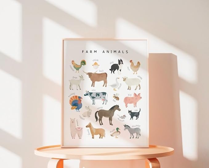 OZCONO Farm Animals Learning Poster, Vibrant Rural Wildlife Chart Kids, Playroom Wall Decor Art, Homeschool Education Guide (Unframed) (24x36)