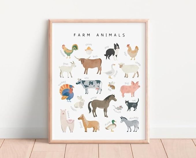 OZCONO Farm Animals Learning Poster, Vibrant Rural Wildlife Chart Kids, Playroom Wall Decor Art, Homeschool Education Guide (Unframed) (11x14)