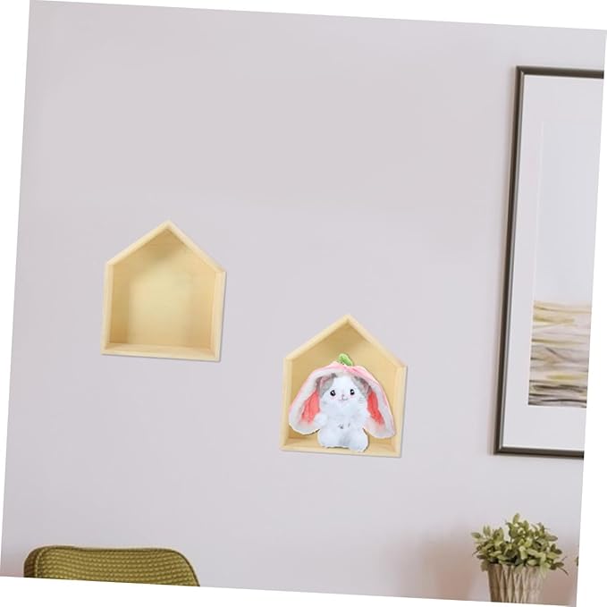 2pcs Wooden House-Shaped Floating Wall Shelf Solid Wood Storage Rack for Bedroom Living Office Decorative Display for Figures Picture Frames