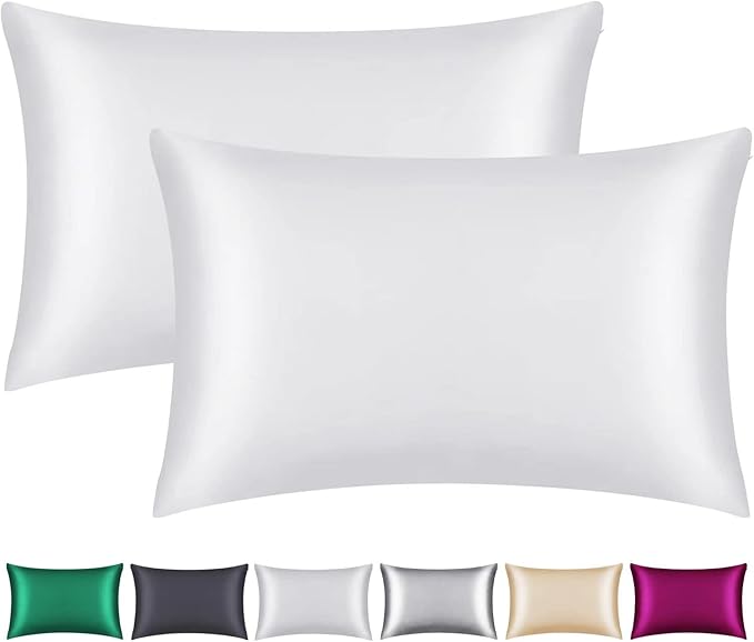 100% Mulberry Silk Pillowcase 2 Pack for Hair and Skin,with Hidden Zipper,Both Sides 22 Momme Natural Silk Pillow Cover,Soft Breathable & Smooth (White, King)