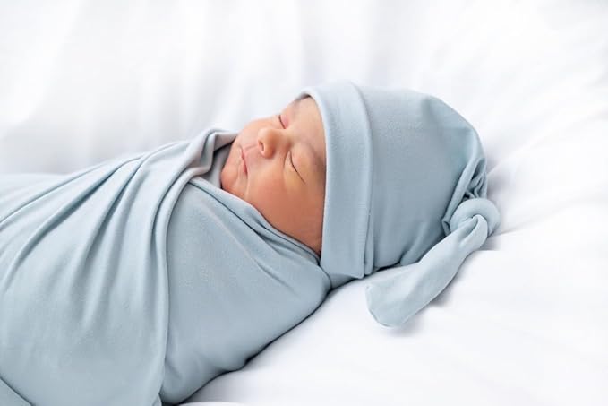 Newborn Swaddle Blanket with Hat Set Baby Swaddle Set Hospital Receiving Blankets for Girls Boys(Babyblue)