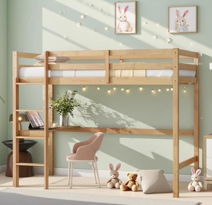 Bellemave Twin Loft Bed with Desk,Loft Bed for Kids, Boys, Girls,Wooden Loft Be Frame with Desk and Ladder, Natural