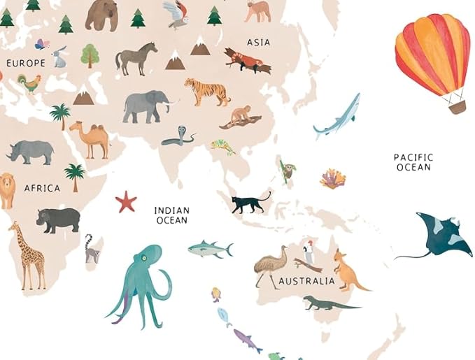 OZCONO Animal World Map Poster, Kids Educational Geography Decor, Safari Animals Nursery Art, Montessori Learning Wall Print (Unframed) (27x40)