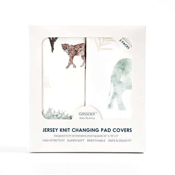 GRSSDER Stretch Ultra Soft Jersey Knit Changing Pad Cover Set 2 Pack, Change Table Pad Covers Fit 32"/34" x 16" Pads Safe and Snug, Stylish Pattern for Boys and Girls, African Savannah Animals