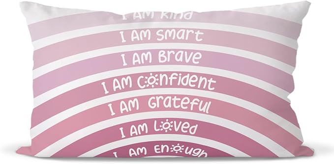 QIYUHOY Boho Rainbow Classroom Throw Pillow Covers, Book Center Calming Corner Playroom Decor Pillow Case, Pink Pillow Cover, I Am Kind Smart Brave Confidence 12x20 Inch Pillowcase(Pink)