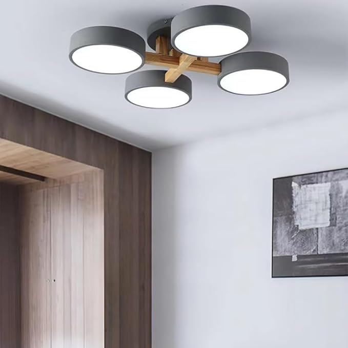 LED Flush Mount Ceiling Light Fixture with 3000K/4000K/6000K Temperatures Selectable,24Inch 44W Chandelier Modern Wood Ceiling Lamp for Bedroom Kitchen, 4-Lights Indoor Lighting Grey Pendant Light
