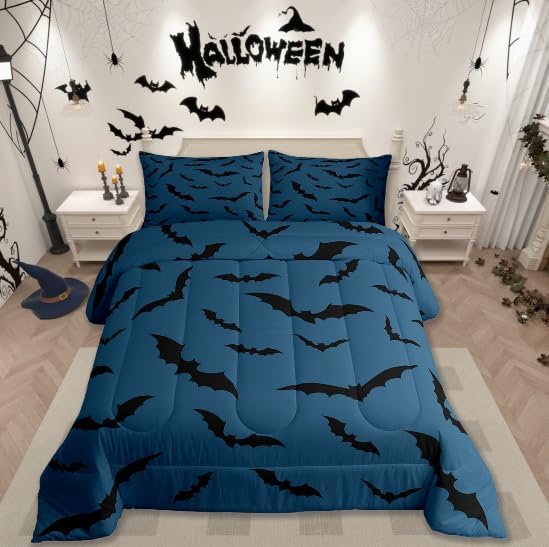 Erosebridal Halloween Bat Comforter Set Gothic Bats Bedding Set Toddler Size,Black Blue Spooky Goth Quilt for Kids Boys Girls Adults Vintage Halloween Decor Down Comforter,Horror Room Decor
