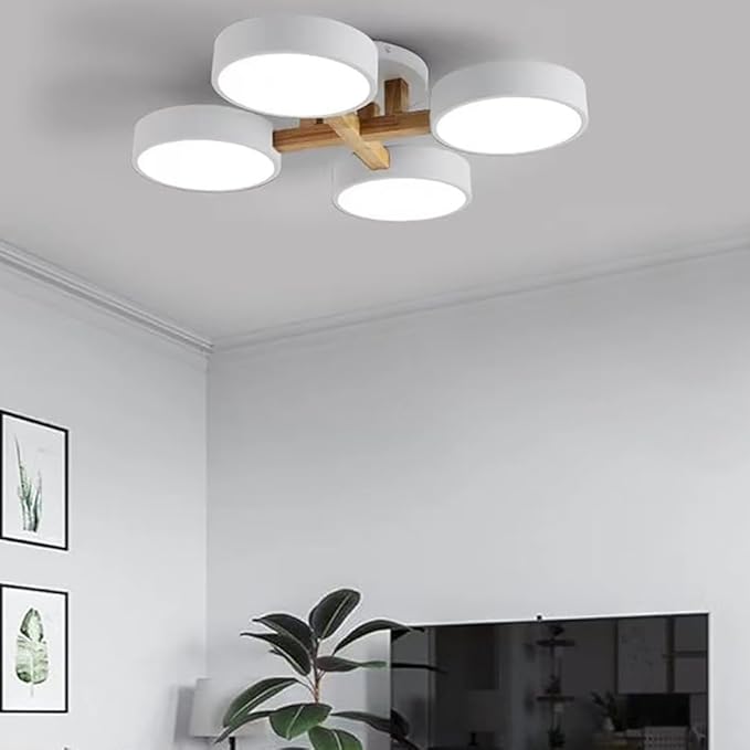 LED Flush Mount Ceiling Light Fixture with 3000K/4000K/6000K Temperatures Selectable,24Inch 44W Chandelier Modern Wood Ceiling Lamp for Bedroom Kitchen, 4-Lights Indoor Lighting White Pendant Light