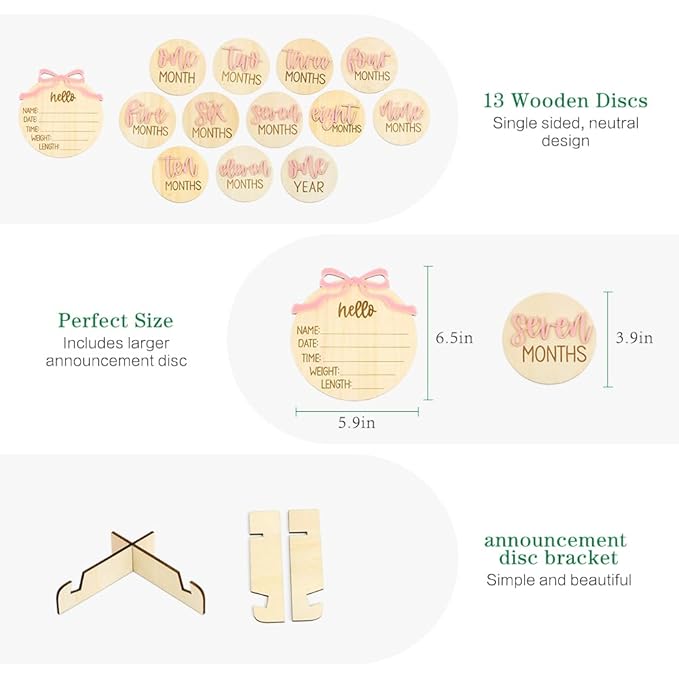 Monthly Baby Milestone Cards for Girls – 13 Wooden 3D Milestone Discs with Hello World Birth Announcement Sign – Newborn Photo Props for Baby Girl