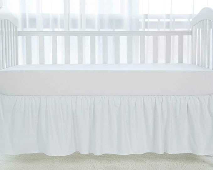 100% Egyptian Cotton, Nursery Crib Toddler (24" x 38" + 10") 800 Thread Count Crib Skirt Dust Ruffle, Bedding Skirts for Baby Boys or Girls, 10" Drop, White Solid