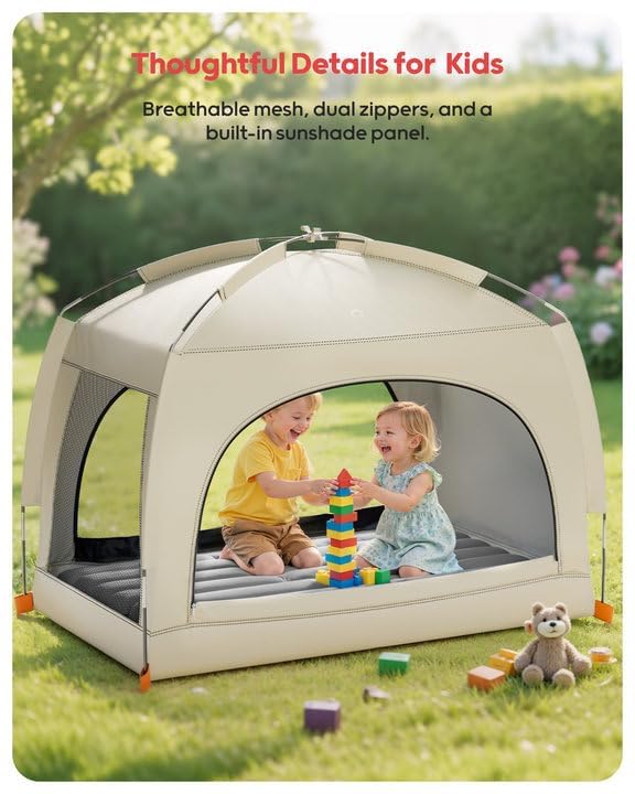 QPAU Inflatable Toddler Travel Bed with Tent – Lightweight Blow Up Kids Air Mattress with Hand Pump – Indoor & Outdoor Portable Sleeping Solution for Camping, Travel, Home, Grandma’s – Ages 3+