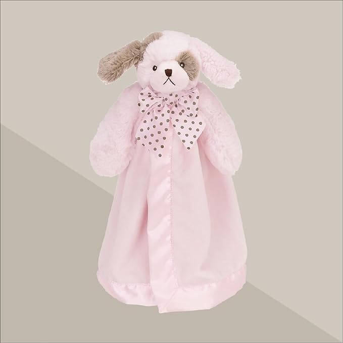 Bearington Baby Wiggles Snuggler - 15" Pink Puppy Lovey Security Blanket with Satin Trim and Plush Dog Design - Soft Lovie for Babies and Baby Security Blankets Gift for Girls and Newborns