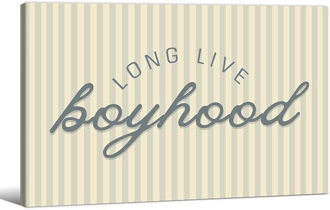 Long Live Boyhood Quote Wall Art Preppy Blue Stripe Poster 16x24 inch Framed Modern Fashion Minimalist Canvas Prints for Boy Nursery Bedroom Wall Decor