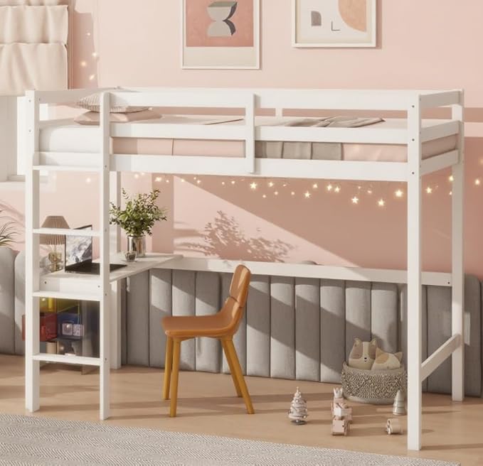 Bellemave Twin Loft Bed with Desk,Loft Bed for Kids, Boys, Girls,Wooden Loft Be Frame with Desk and Ladder, White