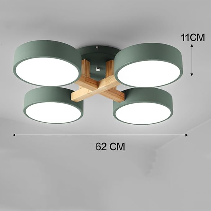 LED Flush Mount Ceiling Light Fixture with 3000K/4000K/6000K Temperatures Selectable,24Inch 44W Chandelier Modern Wood Ceiling Lamp for Bedroom Kitchen, 4-Lights Indoor Lighting Green Pendant Light