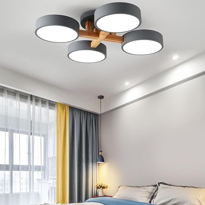 LED Flush Mount Ceiling Light Fixture with 3000K/4000K/6000K Temperatures Selectable,24Inch 44W Chandelier Modern Wood Ceiling Lamp for Bedroom Kitchen, 4-Lights Indoor Lighting Grey Pendant Light