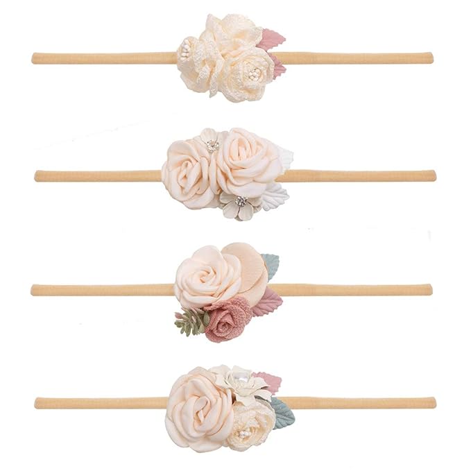 cherrboll 4pcs Baby Girl Headbands Flowers, Super Soft & Stretchy Nylon Floral Hairbands for Newborn Toddler