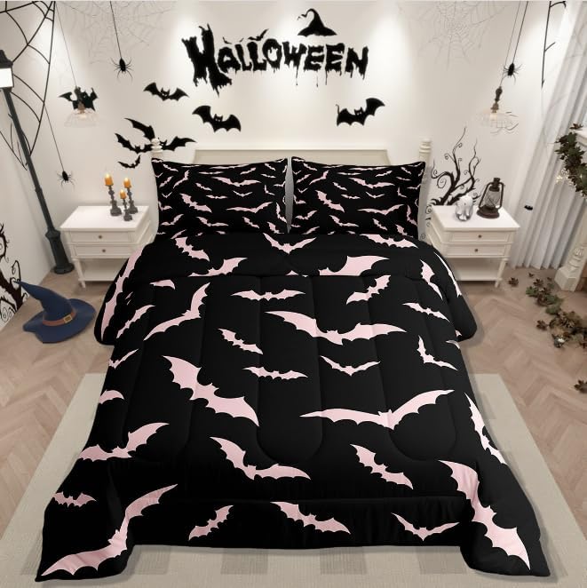 Erosebridal Bat Comforter Set Halloween Pink Bats Bedding Set with 2 Pillow Cases Silhouette Gothic Quilt King Size for Kids Boys Youth Gothic Spooky Bedding Comforter Sets,Black