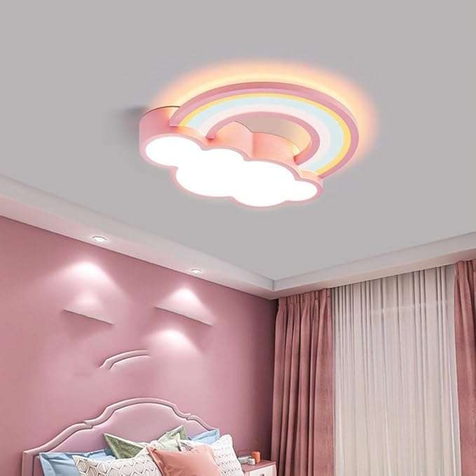 Cute Pink Cloud Rainbow LED Ceiling Light Dimmable Tri-Color Flush Mount Fixture 50CM for Kids Room Girls Bedroom Nursery Playroom Modern Decor Lighting
