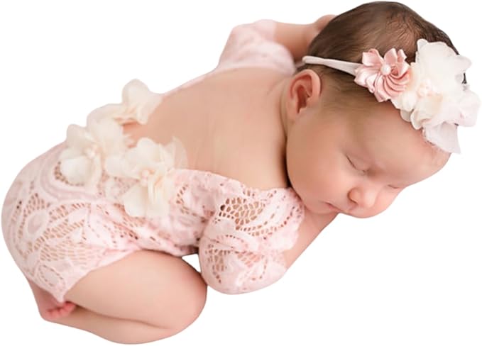 Newborn Lace Romper, 2 PCS Baby Girl Photography Props, Newborn Girl Photography Outfits with Flower Headband for Infants