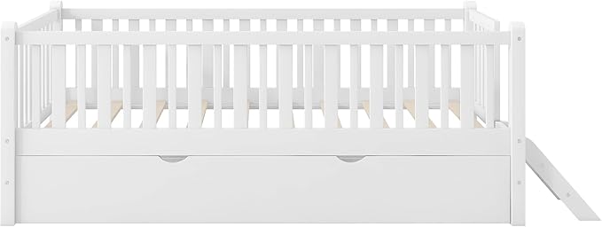 Twin Size Platform Bed with Guardrail and Trundle, Wood Kids Platform Bed Frame with Two-Step Ladder for Boys Girls, Sturdy Slats Support (White-1.26T)