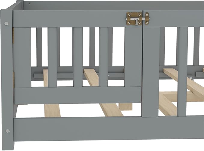Harper & Bright Designs Full Floor Bed with Safety High Fence, Wood Montessori Bed with Door, Full Size Floor Beds with Solid Wood Support Slats for Boys, Girls, Kids, Gray