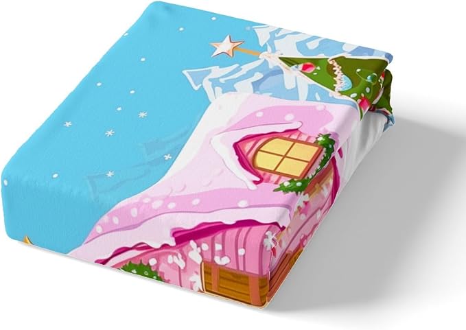 Feelyou Merry Christmas Pink Comforter Cover Set Cartton Cute Santa Claus Bedding Set Toddler Size for Kids Boys Girls Bedroom Bed Decor Xmas Duvet Cover Set Soft Quilt Cover,No Comforter