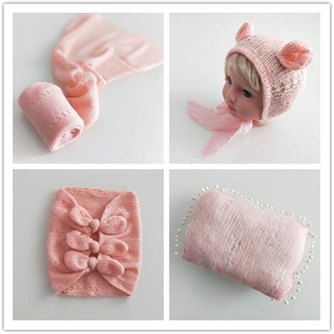 Vemonllas Newborn Baby Boy Girl Photography Props Bow Wrap, Posing Aid, Hat and Blanket Set of 4 Pcs