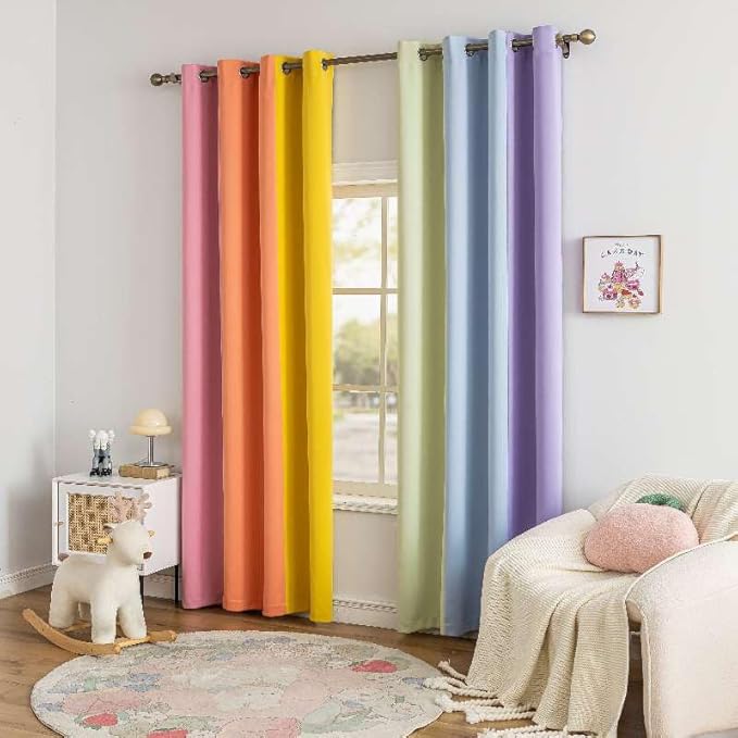 Rainbow Curtains Made with a Patchwork of Pink, Orange, Yellow, Green, Blue, and Purple for Kids Bedroom Blackout Colored Curtains for Bedroom Classroom (2 Panels, W52 X L84)