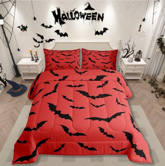 Erosebridal Black Bats Bedding Set Halloween Themed Comforter Set King Size,Bat Spooky Gothic Quilt for Kids Boys Girls Adults Red Halloween Decorations Duvet Insert,Goth Room Decor