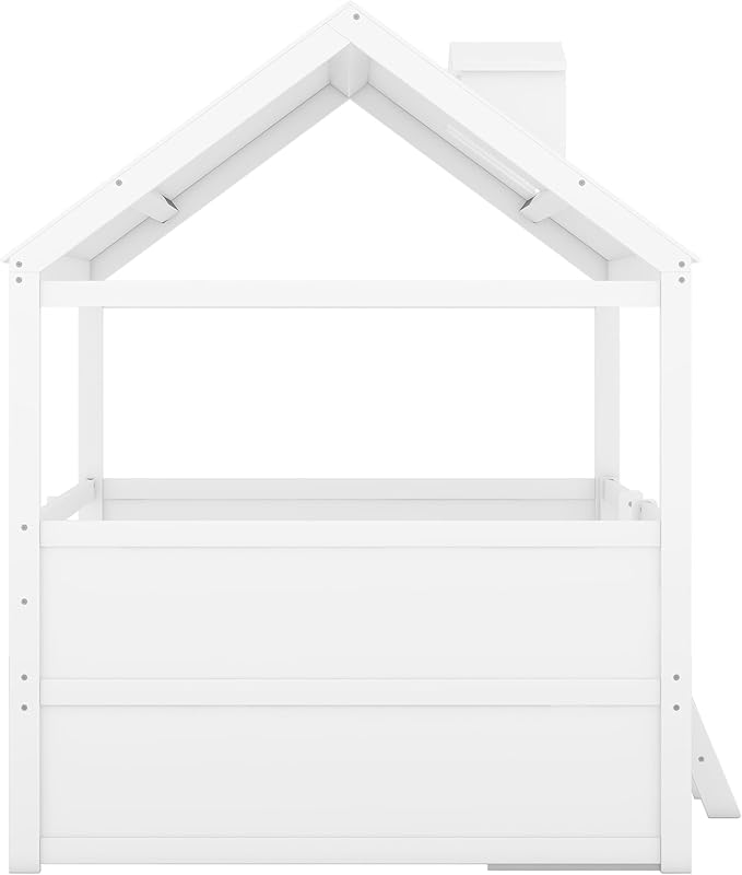 Merax Full Size Wood House Bed Frame with Full-Length Fence and 4 Storage Drawers, Funny Playhouse Tent Bed with Roof and 2-Step Ladder for Children Boys Girls Bedroom, No Box Spring Needed, White