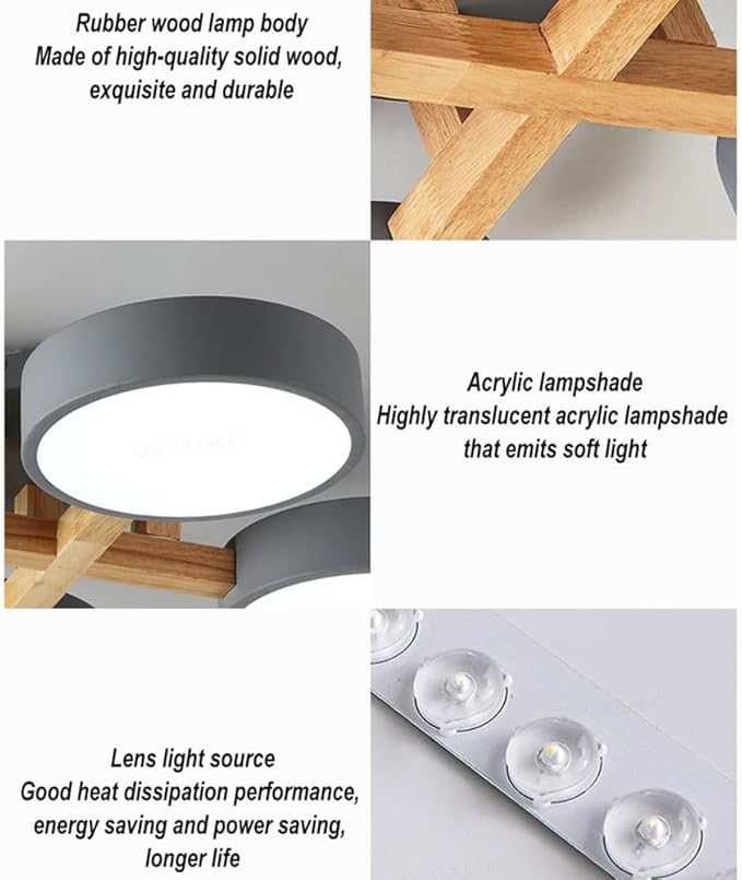LED Flush Mount Ceiling Light Fixture with 3000K/4000K/6000K Temperatures Selectable,21Inch 33W Chandelier Modern Wood Ceiling Lamp for Bedroom Kitchen, 3-Lights Indoor Lighting Grey Pendant Light