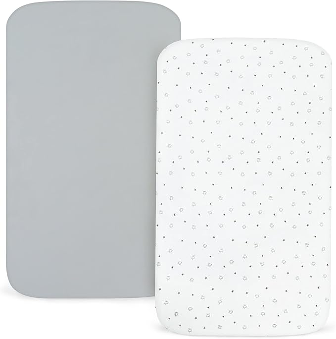 Bassinet Sheets 2 Pack 32" x 18"-Fit for Arm's Reach Clear-Vue & Cambria Co-Sleeper, RONBEI Bedside Bassinet, Chicco LullaGo Nest Portable Bassinet, Ultra Soft & Super Stretchy, Grey & White Star