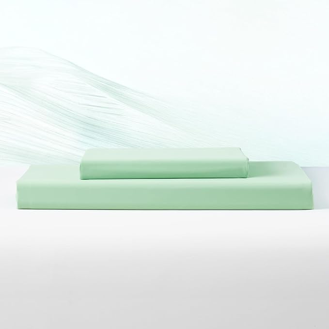 Dream Valley® Twin Sheets Set, Cooling Fitted Sheet with 1 Pillowcase-2 PCS with No Flat Sheet,Q-Max > 0.4 Aerocool, Cooling for Night Sweats, Hot Sleepers,deep Pocket up to 15",Mint Macaron
