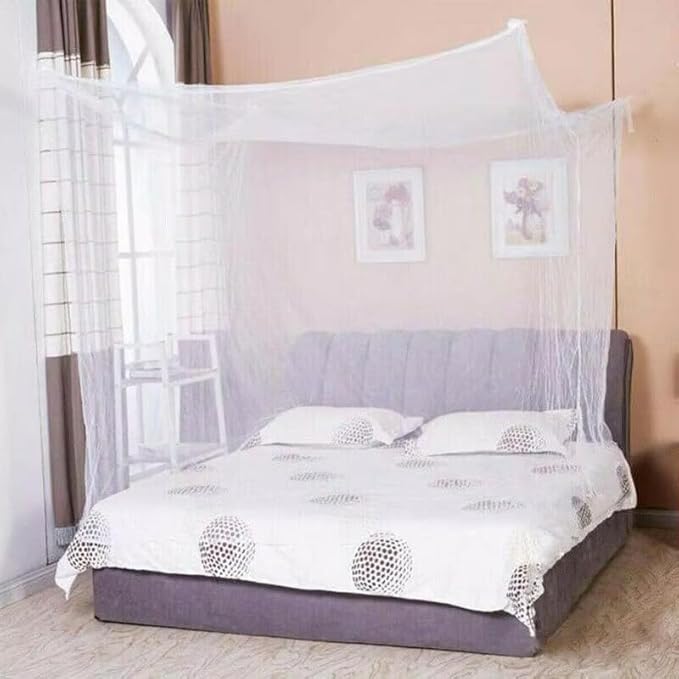 Summer Home Mosquito nets 4 Corner Post Bed Canopy net Double Bed Indor and Outdor Item (White)