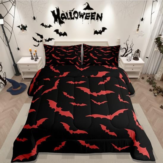 Erosebridal Bat Bedding Set Halloween Comforter Set with 2 Pillow Cases Red Bats Animals Quilt Full Size for Kids Boys Bedroom Holiday Gothic Spooky Style Quilt