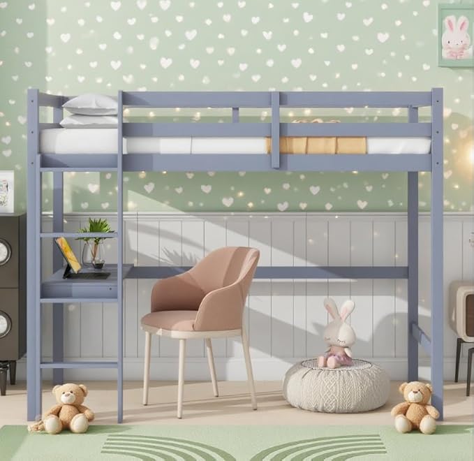 Bellemave Twin Loft Bed with Desk,Loft Bed for Kids, Boys, Girls,Wooden Loft Be Frame with Desk and Ladder, Gray