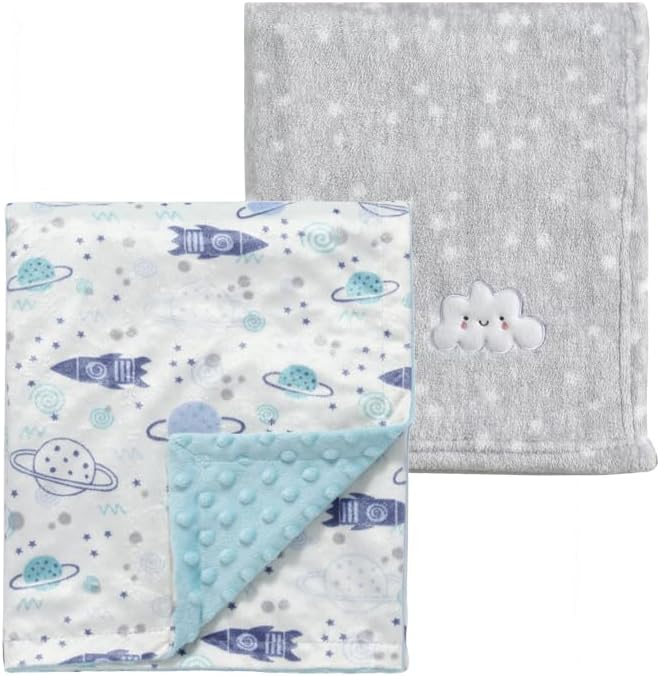 CREVENT 2Pcs 30''X40'' Cute Cozy Fluffy Warm Baby Blankets for Infants Toddlers' Bedding Crib Cot Stroller - Grey Cloud + Minky Space