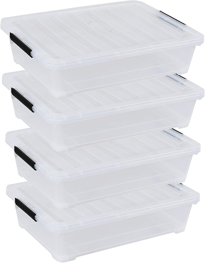 42 L 4 Packs Plastic Under Bed Storage Container with Lids, Clear Underbed Storage Bin with Wheels