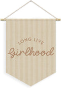 Girl Nursery Decor, Long Live Girlhood Linen Canvas Banner, Neutral Striped Wall Hanging Pennant Flag Banner for Girl Nursery Toddler Kids Room Bedroom Dorm Playroom Decor, 15x11in