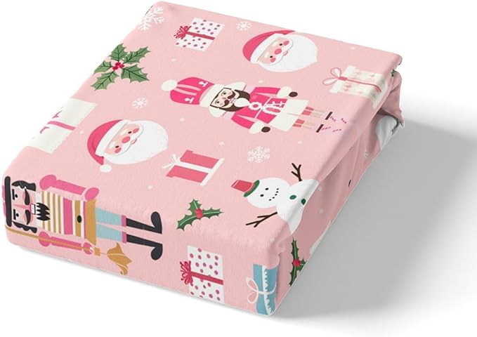 Pink Christmas Nutcracker Decorative Comforter Cover Queen Size Xmas Cartoon Santa Claus Duvet Cover New Year Festival Snowman Snowflake Bedding Set Gifts for Kids Boys Girls 2 Pillow Cases Pink