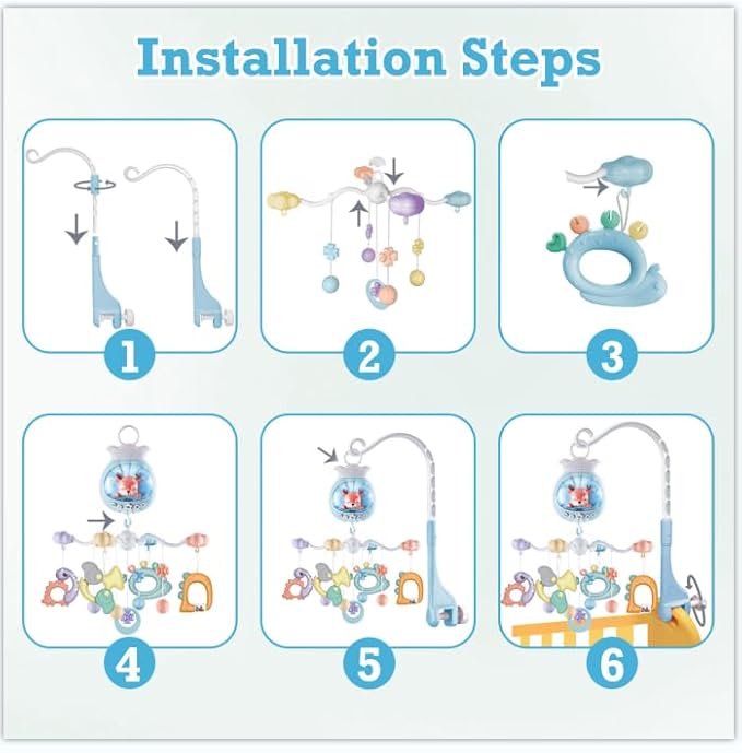 Crib Mobiles for Babies with Music, Rotatable Baby Mobile for Crib with Projection, Timing Function and Baby Rattles Toy, Baby Crib Toys Hanging for Boys Girls 3-12 Months (Blue)