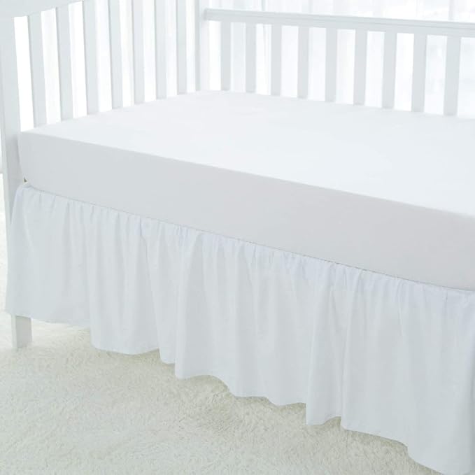 100% Egyptian Cotton, Nursery Crib Toddler (28" x 52" + 16") 800 Thread Count Crib Skirt Dust Ruffle, Bedding Skirts for Baby Boys or Girls, 16" Drop, White Solid