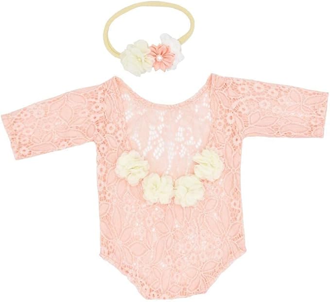 Newborn Lace Romper, 2 PCS Baby Girl Photography Props, Newborn Girl Photography Outfits with Flower Headband for Infants
