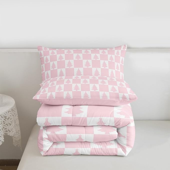 Feelyou Christmas Bedding Set Soft for Boys Girls, Checkered Comforter Set Queen Size Christmas Tree Duvet Quilt Microfiber Xmas Decorations Bedroom Decor Pink 3 Pcs with 2 Pillow Cases
