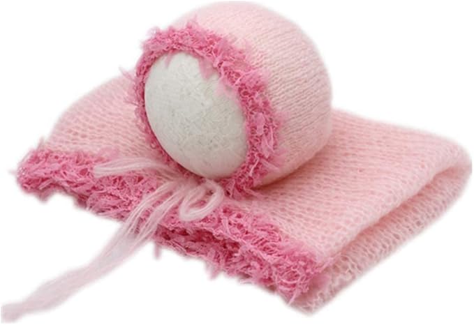 Vemonllas Newborn Infant Baby Boys Girls Photography Props Mohair Lace Hat and Wrap Blanket Cloth (Light Pink)