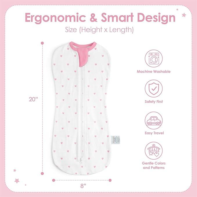 Baby Swaddle 0-2 Months, Cotton Arm-In Zipper Sleep Sack, Wearable Blankets Wrap for Newborn Infant Girls (Bow, Heart, Strawberry, Pack of 3)