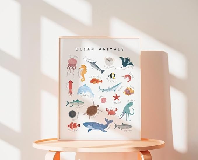 OZCONO Ocean Animals Learning Poster, Vibrant Sea Life Chart Kids, Preschool Wall Decor Art, Homeschool Education Guide (Unframed) (27x40)