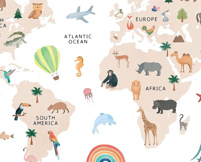 OZCONO Animal World Map Poster, Kids Educational Geography Decor, Safari Animals Nursery Art, Montessori Learning Wall Print (Unframed) (16x24)