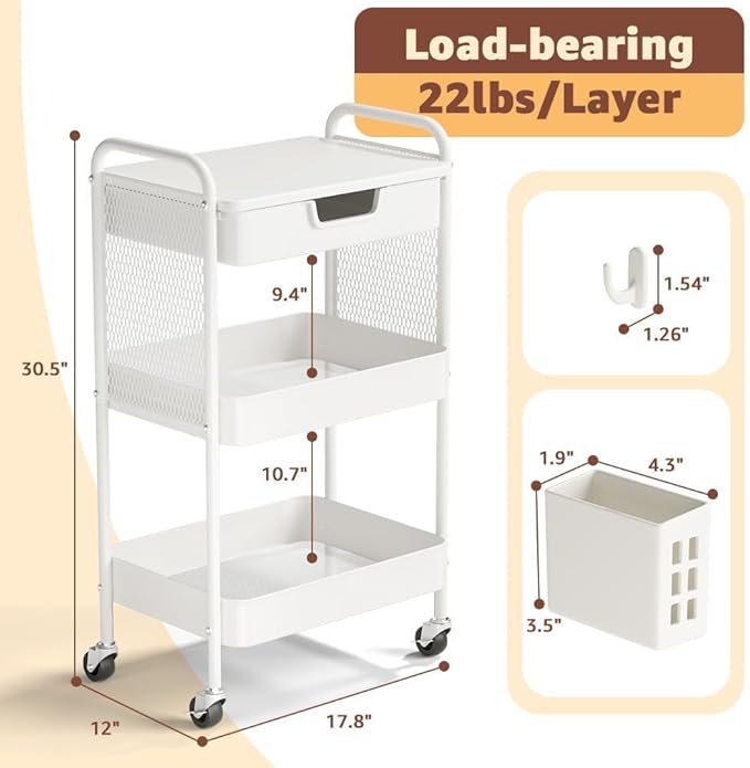 3 Tier Rolling Cart with Drawer, Metal Rolling Utility Cart on Wheels with Pegboard, Art Cart Storage Organizer with Tabletop for Living Room, Office, Bedroom (White)